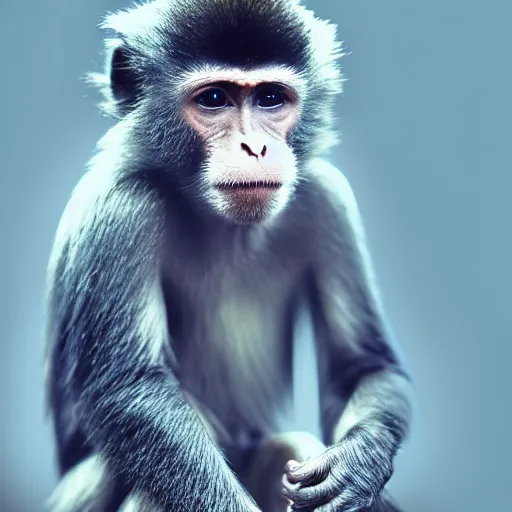 Image similar to astraunaute monkey, deep photo, background soft blue