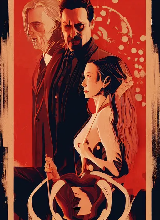 Prompt: poster artwork by Michael Whelan and Tomer Hanuka, Karol Bak of Naomi Watts Jon Hamm husband & wife portrait, creepy smiles, from scene from Twin Peaks, clean, simple illustration, nostalgic, domestic, full of details