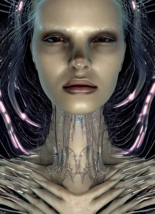 Prompt: beauteous sumptuous face by h. r. giger, cinematic forest lighting, with incredible iridescent pearlescent voluminous fluorescent neon laser beam hair, delicate crystalline masterpiece tattoos, hyperdetailed face, elegant pose, movie still, intricate, octane render, unreal engine, crepuscular rays, god rays