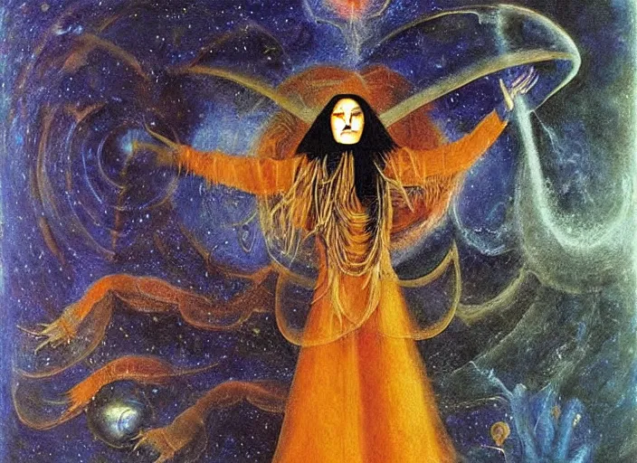 Prompt: a shaman woman holding up the cosmic!!! universe!, by remedios varo, reflection, symbolist, psychedelic colors, dramatic lighting, smooth, sharp focus, extremely detailed, aesthetically pleasing composition