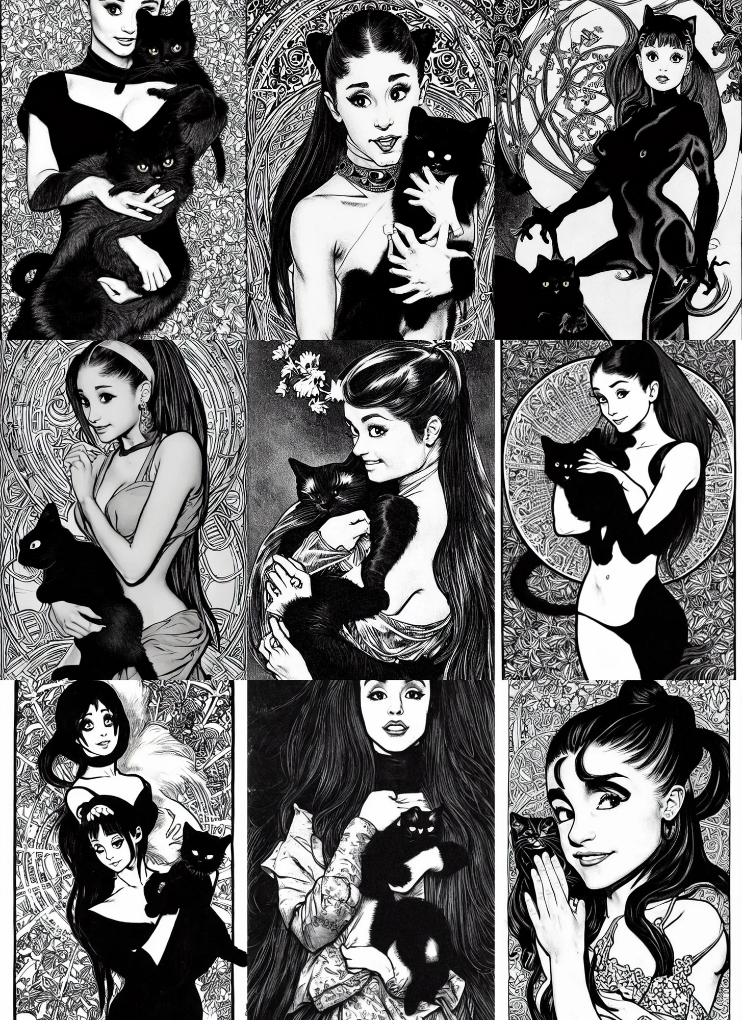 Prompt: Ariana Grande holding a black cat, highly detailed, black and white, inked, art by Kentaro Miura and Bernie Wrightson and Alphonse Mucha