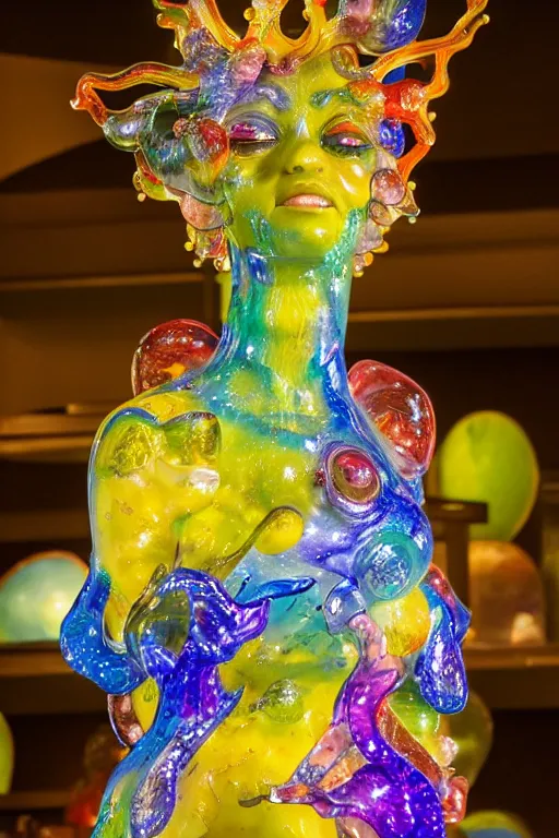 Prompt: full figure, beautiful colorful female glass sculpture, smooth, delicate facial features, crystal eye, iris, beautiful glass work, bright internal glow, by dale chihuly and daniel arsham, hdri, 8 k