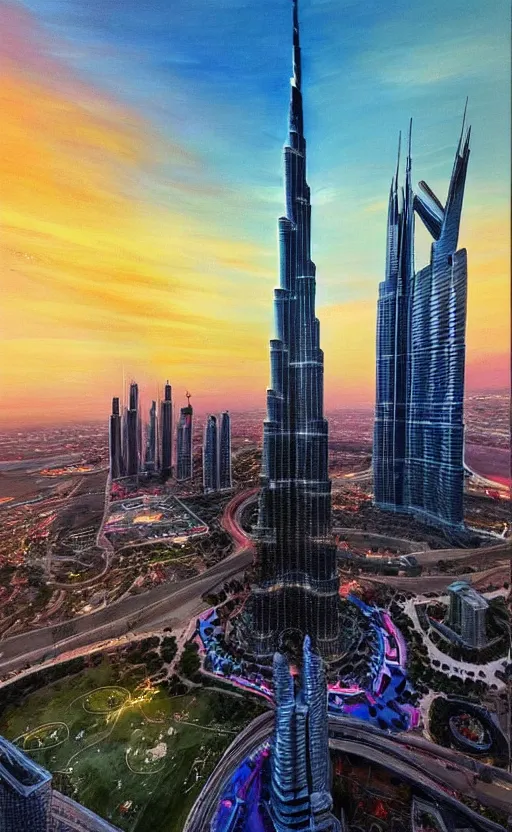 Prompt: an amazing beautiful detailed painting of the burj khalifa with a sunset over a cityscape. the colors are very vibrant and the view is stunning. vibrant colors, very funny, personal, positive, visually pleasing, engaging and contains humans. high resolution. high quality. hq hd. trending on artstation.