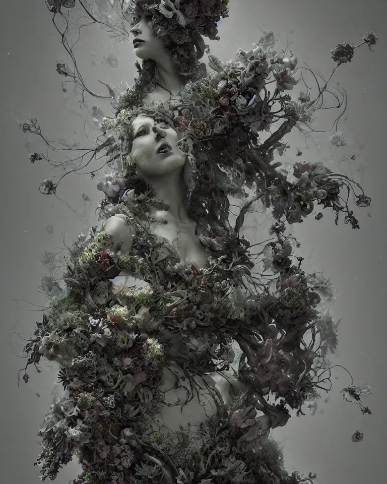 Image similar to portrait of a gothic cemetery statue made of mist and flowers, cosmic horror, mutating into mist, cinematic lightning, Andrew Ferez, Charlie Bowater, Marco Mazzoni, Seb McKinnon, Ryohei Hase, Alberto Seveso, Kim Keever, trending on cgsociety, featured on zbrush central, new sculpture, mystical