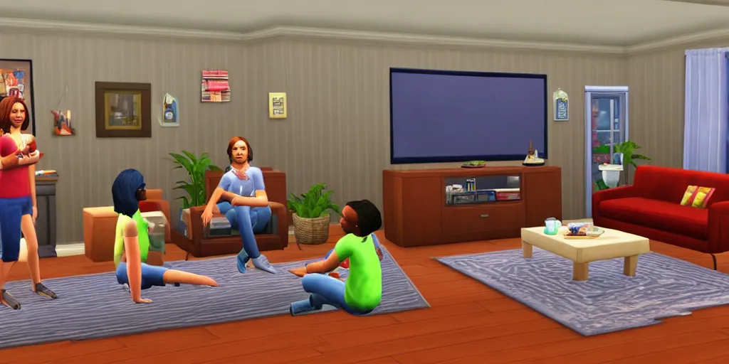 Prompt: an american living room, two children watching tv on the sofa game the sims 2 h 6 4 0