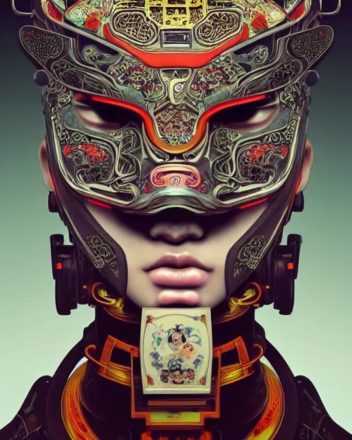 Image similar to portrait of a cyberpunk machine, machine face, upper half portrait, decorated with chinese opera motifs, asian, fine china, traditional chinese art, intricate, elegant, highly detailed, symmetry, headpiece, digital painting, artstation, concept art, smooth, sharp focus, illustration, art by artgerm and greg rutkowski and alphonse mucha, 8 k