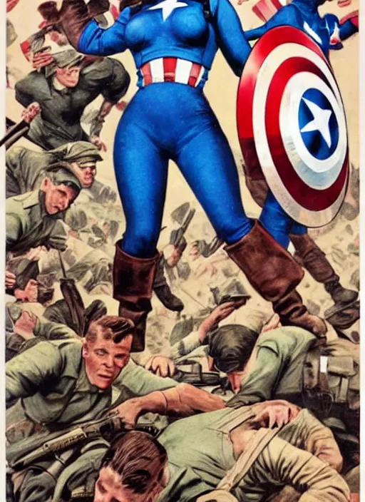 Prompt: female captain america standing on a pile of defeated german soldiers. feminist captain america wins wwii. american wwii propaganda poster by james gurney