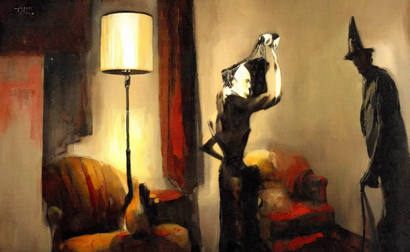 Prompt: a thin man with a lampshade on his head in a dark living room, painted by phil hale and rick berry and jeremy mann, highly detailed