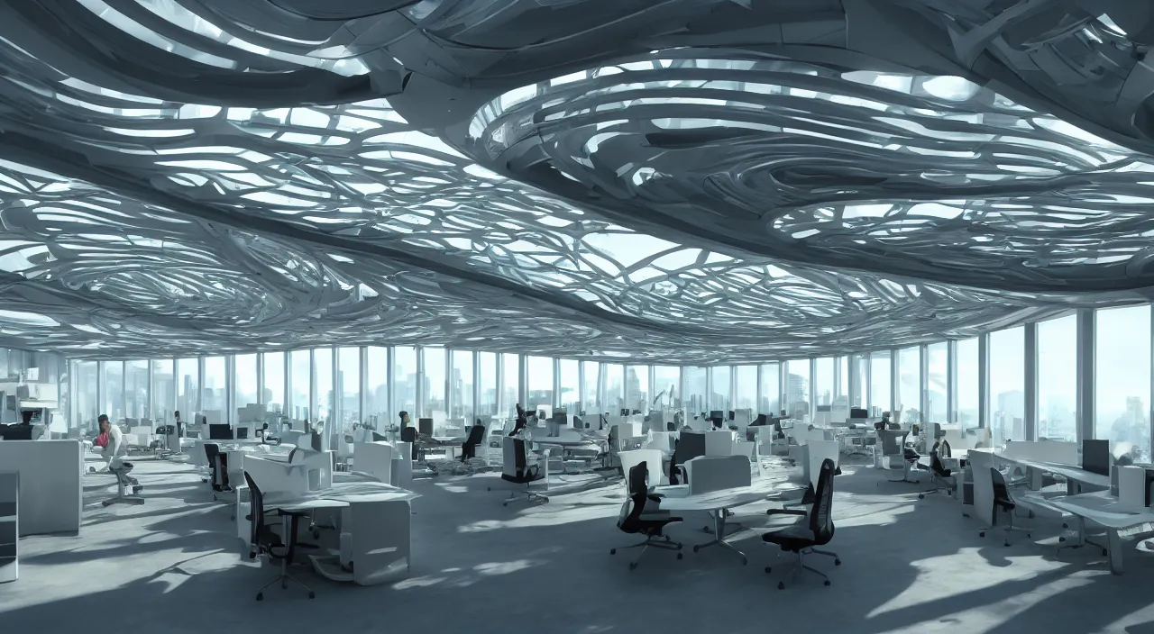 Image similar to futuristic open office with parks and plants, glowing computer screens, made with glossy white plastic and large windows and voluminous light and light rays, extremely intricate, very detailed, in style of zaha hadid, artstation, octane render, warm color highlights, cinematic lighting