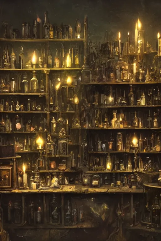 Prompt: a matte painting gothic curiosity shop with bottles of potions and flickering candles on the counter by greg rutkowski