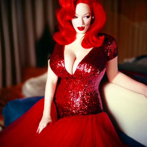 Image similar to film photography of captain christina hendricks as jessica rabbit, head and shoulders photography. red sequin ballgown dress. kodak ektar 4 0 0. canon f 1. 2. detailed, realistic