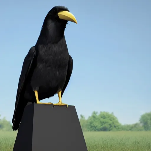 Prompt: a giant crow with a round body short legs and large black beak sitting in a black stone obelisk, photorealistic computer animation, film by Jon Favreau