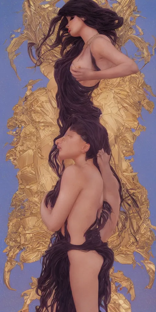 Image similar to Kylie Jenner as a golden statue, highly detailed, digital painting, artstation, concept art, smooth, sharp focus, illustration, ArtStation, art by artgerm and greg rutkowski and alphonse mucha and J. C. Leyendecker and Edmund Blair Leighton and Katsuhiro Otomo and Geof Darrow and Phil hale and Ashley wood and Ilya repin and Charlie Bowater