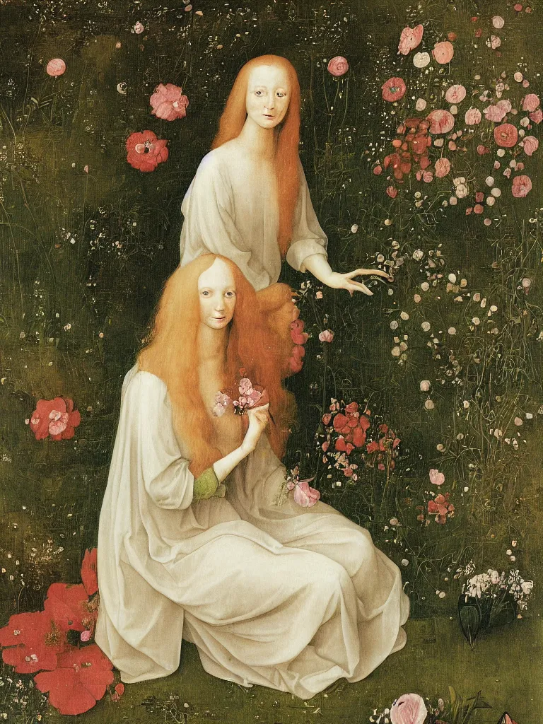 Prompt: beautiful woman with long golden hair, wearing chiffon dress, sitting among large flowers in the garden, in the style of hieronymus bosch,