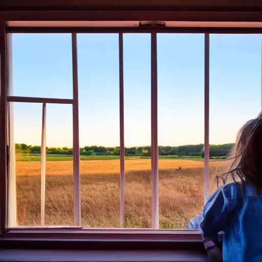 Prompt: a girl looking out of her small deck looking at the large fields in the countryside during sunrise