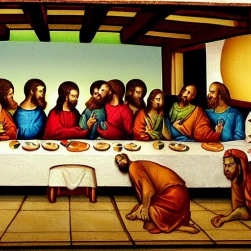 Image similar to the last supper, but at McDonald's, Jesus wears a McDonald's cap,