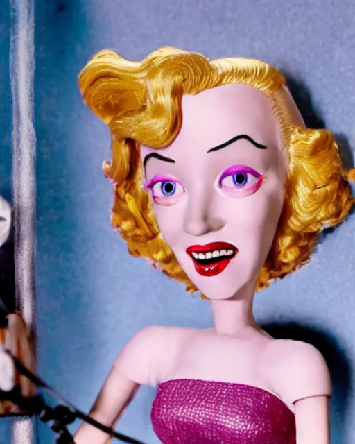 Image similar to marilyn monroe as a highly detailed stop motion puppet, in the style of laika studios ’ s paranorman, coraline, kubo and the two strings shot in the style