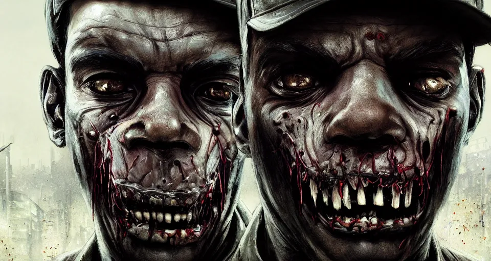 Image similar to highly detailed portrait black police officer zombie in gta v, angry and rotting, stephen bliss, unreal engine, fantasy art by greg rutkowski, loish, rhads, ferdinand knab, makoto shinkai and lois van baarle, ilya kuvshinov, rossdraws, tom bagshaw, global illumination, detailed and intricate environment