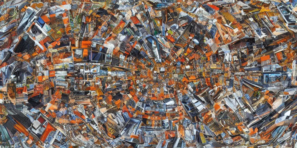 Image similar to three point perspective, 3 6 0 panorama escher style pattern of colorful faces with the texture of old rust