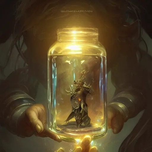 Image similar to man holding he's soul in a jar portrait, backlight, rim lighting, deep focus, d & d, fantasy, intricate, elegant, highly detailed, digital painting, artstation, concept art, matte, centered, sharp focus, illustration, hearthstone, art by artgerm, greg rutkowski and alphonse mucha