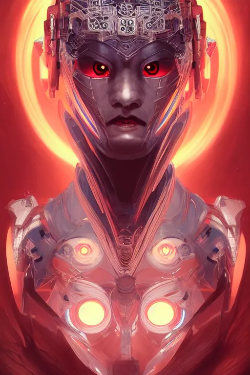 Image similar to asura from chinese myth, ghost, mecha, symmetrical. sci - fi, tech wear, glowing lights, intricate, elegant, highly detailed, digital painting, highly detailed, digital painting, artstation, concept art, smooth, sharp focus, illustration, art by artgerm and greg rutkowski and alphonse mucha