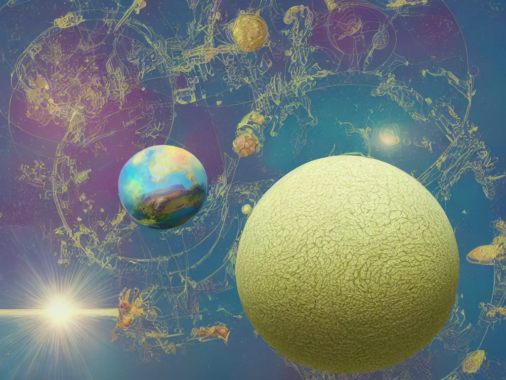 Image similar to 3 d render, sunlight study, the universe is a spheroid region 7 0 5 meters in diameter, art nouveau, by maria sibylla merian and ( ( ( ( ( lisa frank ) ) ) ) ), 8 k, sharp focus, octane render