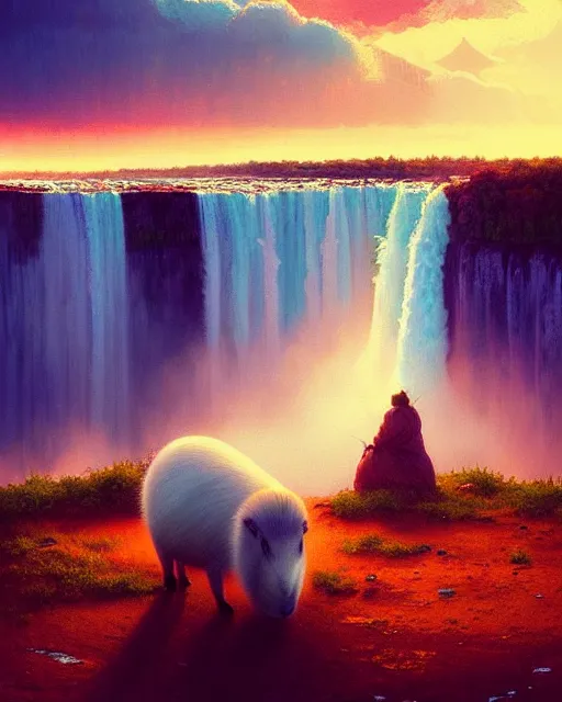 Image similar to white capybara at niagra falls, surreal photography, sunrise dramatic light, impressionist painting, colorful clouds, digital painting, artstation, kilian eng, john harris, bastien lecouffe - deharme, simon stalenhag, flower face