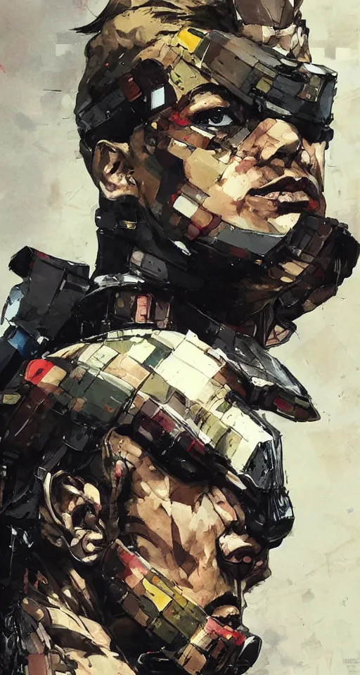 Image similar to a beautiful side portrait painting of a soldier. the soldier has giant insect eyes, compound eyes. art by yoji shinkawa and sandra chevrier, trending on artstation, award - winning, perfect composition.
