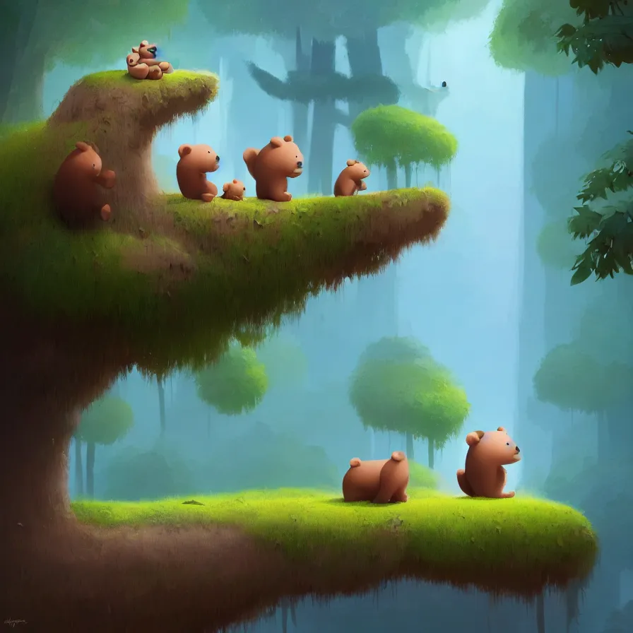 Image similar to A river, a baby bear on top of a trunk, jungle, art by Goro Fujita, ilustration, concept art, sharp focus, ArtStation, Deviantart