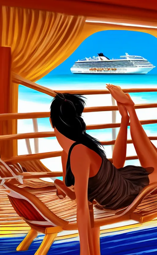 Image similar to asian woman with black ponytail sitting on a beach chair on a a cruise ship overlooking the bahamas, digital art high detail