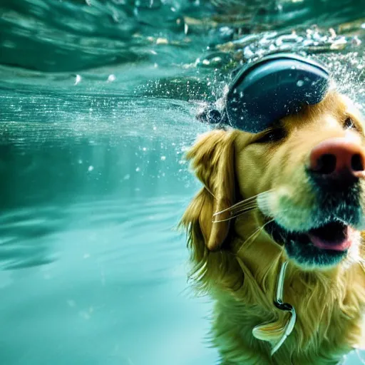 Image similar to underwater, close-up, portrait of a golden retriever trying to catch a tennis ball; day time; flash photography