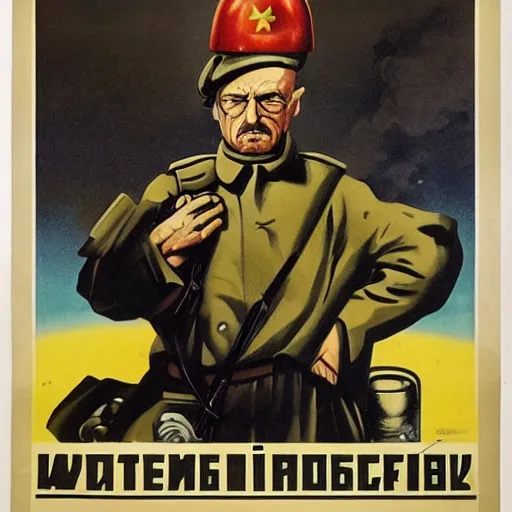 Image similar to a world war 2 russian propaganda poster of walter white