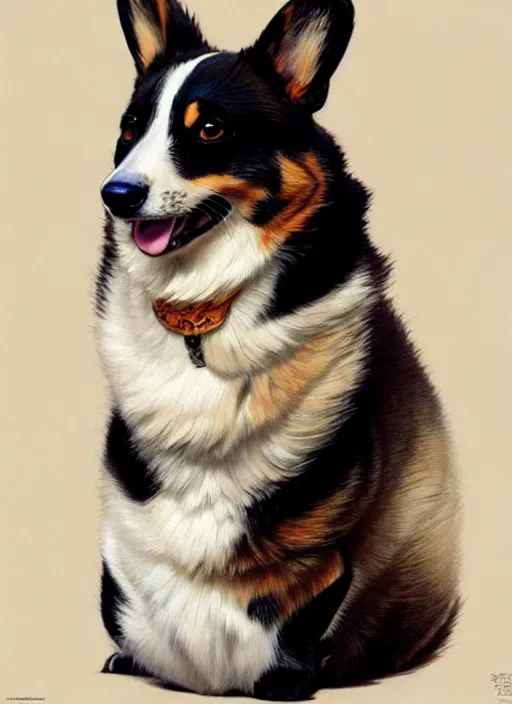 Prompt: a pembroke welsh corgi and a tuxedo cat, intricate, elegant, hyper detailed, ultra definition, photoreal, artstation, unreal engine rendered, concept art, smooth, sharp focus, illustration, art by artgerm and greg rutkowski and alphonse mucha and garis edelweiss