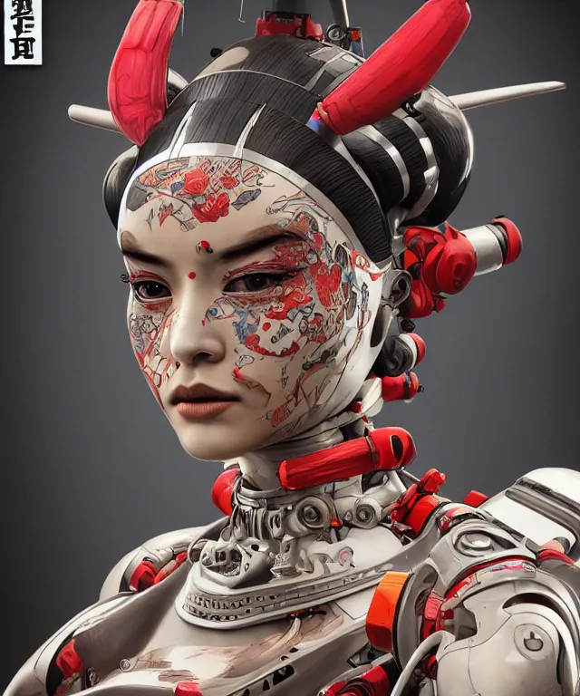 Prompt: an epic fantastic realism comic book style portrait painting of a japanese robotic geisha with kanji tattoos and decals, apex legends, octane render, intricate detail, 4 k hd, unreal engine 5, ex machina, irobot, gerald brom