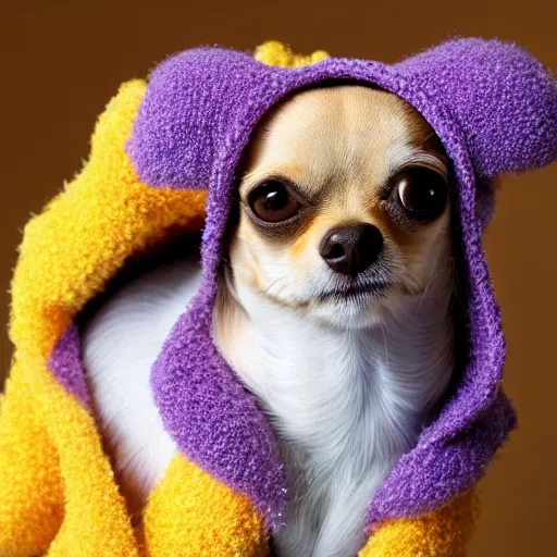 Image similar to a cute chihuahua wearing a fuzzy sweater, high resolution photo