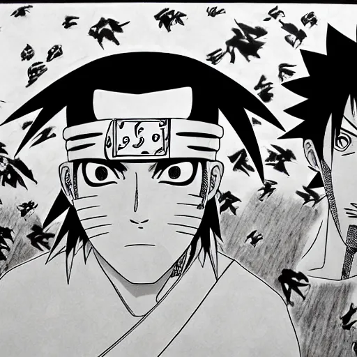 Image similar to Sasuke and Frank Zappa vs Naruto manga panel award winning black and white art by Frank Zappa and Kishimoto highly detailed pen and ink matte painting