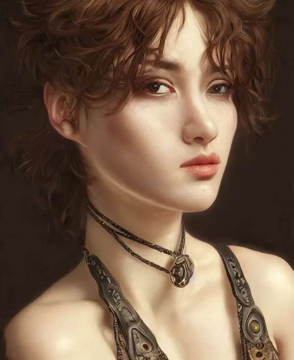 Prompt: a highly detailed portrait, intricate leather suspenders, leather collar and chain, honey birdette, realistic portrait, deep focus, matte, digital painting, artstation, concept art, smooth, sharp focus, cinematic lighting, art by artgerm and greg rutkowski and alphonse mucha, araki nobuyoshi, anders petersen