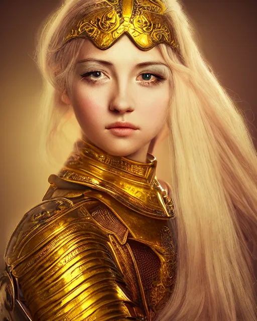 Image similar to pastel portrait of woman in shining golden armor, high production value, intricate details, high resolution, hdr, high definition, masterpiece, realistic, ultrarealistic, highly detailed, hd, sharp focus, non blurry, sharp, smooth