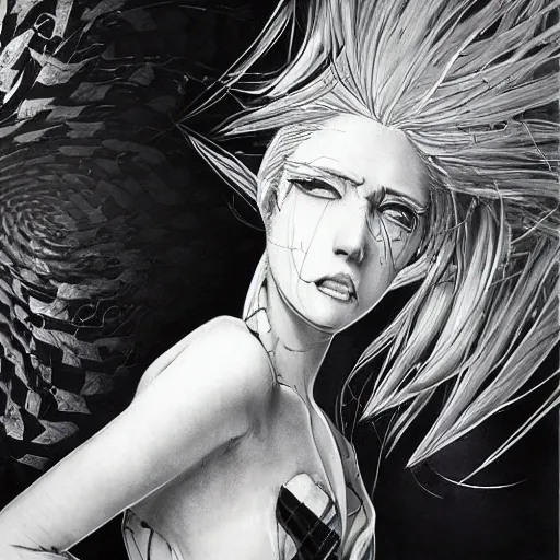 Image similar to Yoshitaka Amano realistic illustration of an anime girl with white hair and cracks on her face wearing dress suit with tie fluttering in the wind, abstract black and white patterns on the background, noisy film grain effect, highly detailed, Renaissance oil painting, weird portrait angle