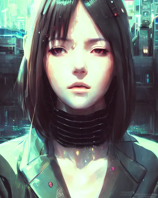 Image similar to kyoto animation, cool girl wearing cyberpunk intricate streetwear, beautiful, detailed portrait, cell shaded, 4 k, concept art, by wlop, ilya kuvshinov, artgerm, krenz cushart, greg rutkowski, pixiv. cinematic dramatic atmosphere, sharp focus, volumetric lighting, cinematic lighting, studio quality