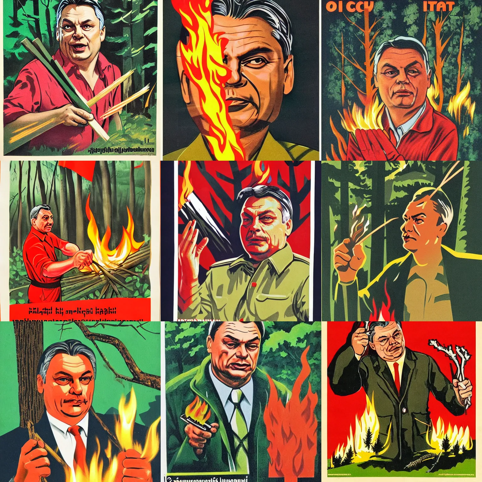 Prompt: soviet propaganda poster of viktor orban in a forest, highly detailed face, holding a wood piece, setting fire