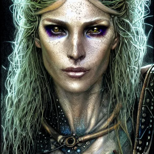 Image similar to an award finning closeup facial portrait by luis royo and john howe of a very beautiful and attractive female bohemian cyberpunk traveller aged 6 0 0 years old with green eyes and freckles in clothed in excessively fashionable cyberpunk gear and wearing ornate warpaint