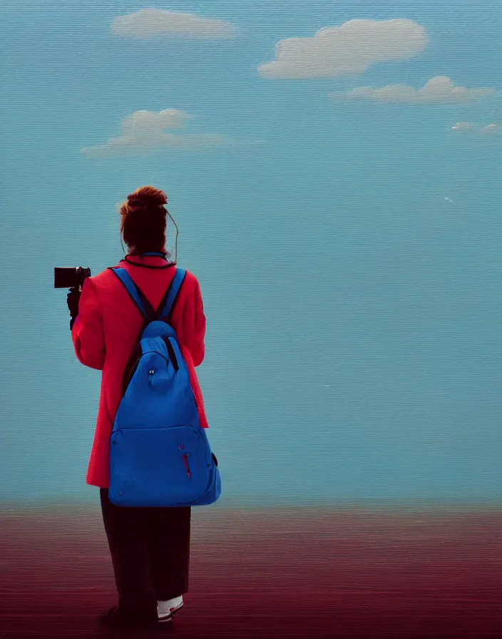 Image similar to wide shot rear view photographer woman hair in a bun long red stripe coat backpack sneakers taking photo with nikon camera in hand while looking out over a placid blue lake, a character design painting, in the style of wes anderson, lola dupre, david hockney, isolated on negative white space background dark monochrome fluorescent spraypaint accents volumetric octane render, no double figure