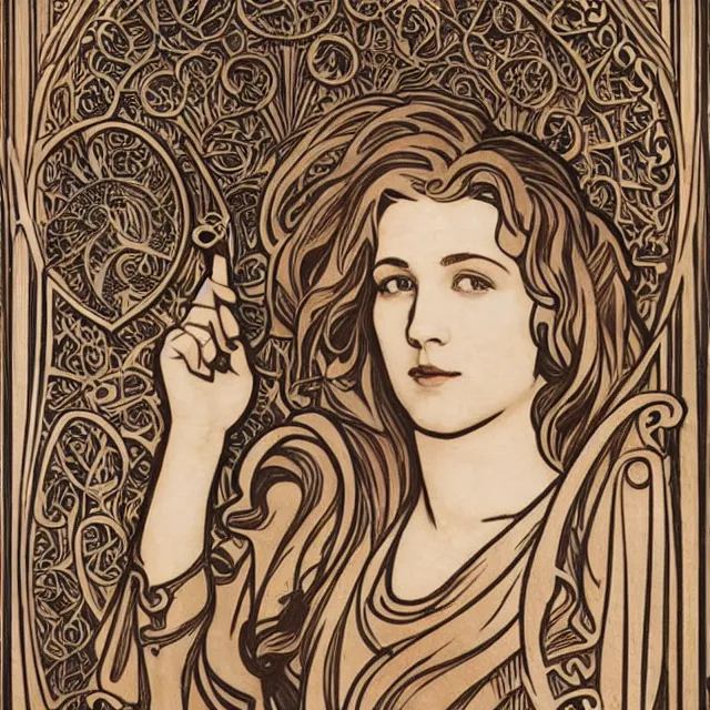 Prompt: a bas - relief wooden art nouveau sculpture of a young molly ringwald with long hair blowing in the wind, in front of a delicate tracery pattern, intricate and highly detailed, well - lit, ornate, realistic, by alphonse mucha