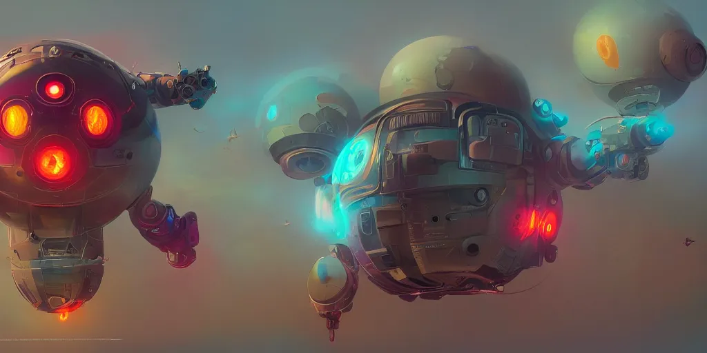 Image similar to spheric friendly flying robot, colorful, character sheet, greg rutkowski, zabrocki, karlkka, jayison devadas, trending on artstation, 8 k, ultra wide angle, zenith view, pincushion lens effect