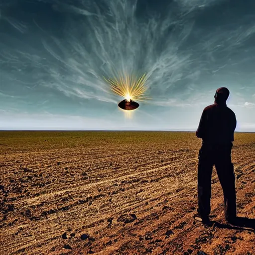 Image similar to man working in the field taking a break and looking at the blazar in the sky