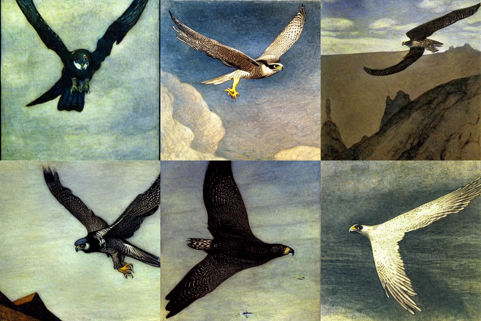 Prompt: a peregrine falcon flying in a widening gyre, painting by arthur rackham, edward hopper and fernand khnopff