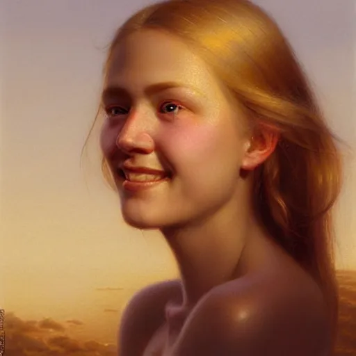 Prompt: Facial portrait of a cute shy woman, looking away from the camera, shy smile, mouth slightly open, lips slightly parted, long blond hair, no hands visible,, intricate, extremely detailed painting by Henry Justice Ford and by Greg Rutkowski and by Moebius, golden hour
