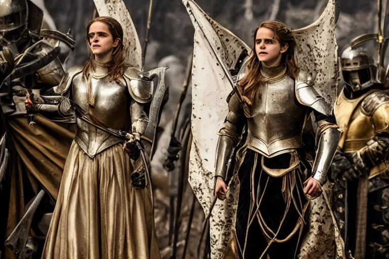 Image similar to promotional image of Emma Watson as Joan of Arc in the new movie directed by Ridley Scott, full suit of gilded plate armor, movie still, promotional image, imax 70 mm footage