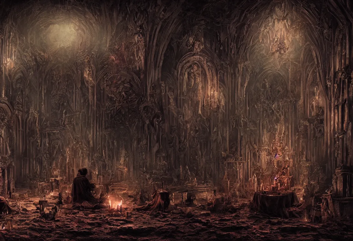 Prompt: occult black magic ritual in ominous sanctuary with blood incantation and rotten flesh, mystical manuscripts and ancient symbols in background, hyperrealism, realistic, dramatic lighting, octane render, highly detailed, cinematic lighting, cinematic, art by glenn fabry and greg rutkowski